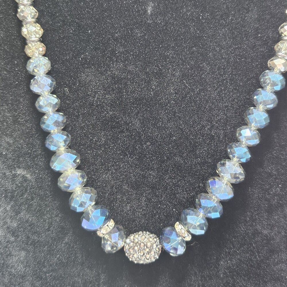 *Sale* Loft Faceted Blue Crystal Beaded Necklace Gunmetal Gray Rhinestone 34"